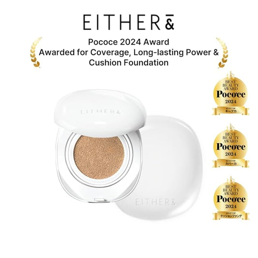 EITHER& Glow Pixel Cushion Foundation, Natural Coverage, Glow Finish – Up to 100 Hours, Moisturizing and Hydrating, Korean Beauty (#21N Natural, 12g)