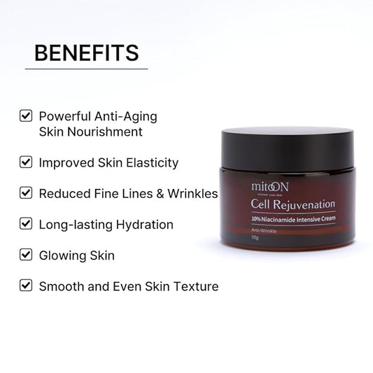 Mito-on Cell Rejuvenation Anti-Aging Cream, 50g / 1.76 oz - 10% Niacinamide, Vitamin B3 and Antioxidants, EGF + Volufiline for Wrinkle Reduction, Elasticity Improvement, Moisturizer, Korean Skin Care