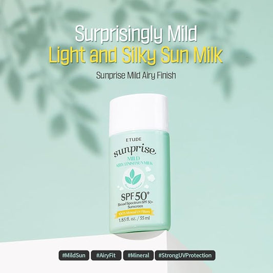 ETUDE Sunprise Mild Airy Finish Sun Milk Duo Set (55ml*2) SPF50+ / PA++++ | Sebum-free, Non-Sticky, Long Lasting Protection, 100% Mineral Based Korean Sunscreen, Korean Skin Care, Pefect for Gift