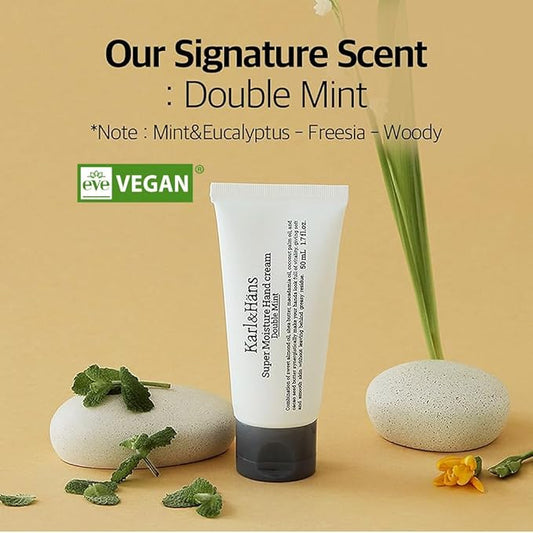Karl&Hans Super Moisturizing Mint Vegan Hand Cream - Double Mint Scent with Shea Butter, Coconut Oil, Long-Lasting Refreshing Formula, Organic Daily Hand lotion for Dry Cracked Hands - 1.7 fl oz