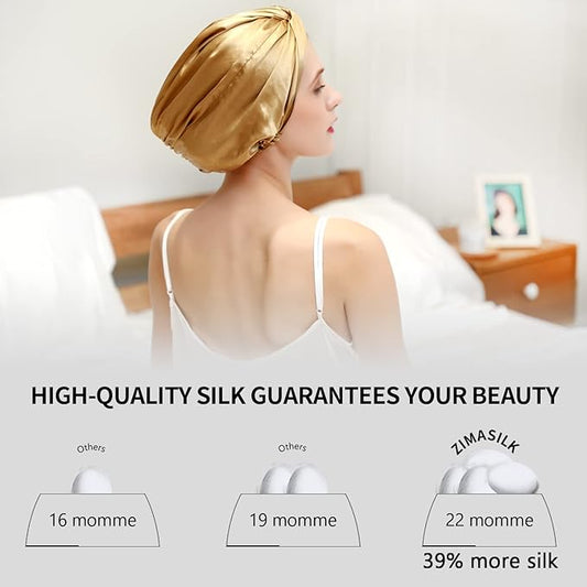 ZIMASILK 22 Momme 100% Mulberry Silk Bonnet for Sleeping & Women Hair Care, Highest Grade 6A Silk Hair wrap for Sleeping with Premium Elastic Stay On Head (1Pc, Golden)