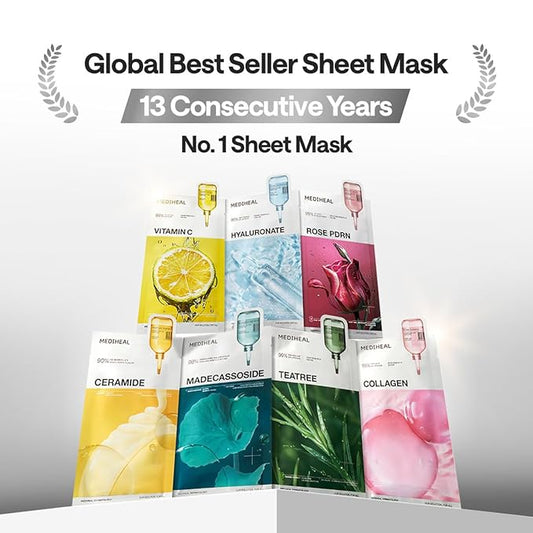 Mediheal Madecassoside Essential Sheet Mask Blemish Repair 10 pcs. 98% Purity Madecassoside & Hyaluronic Acid Included. Enhancing Moisture Barrier & Skin Texture Care. Vegan Formula Sheet Mask