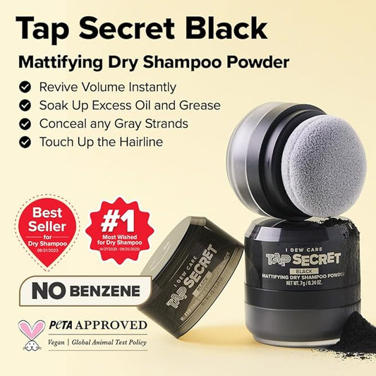 I DEW CARE Biotin Clarifying Dry Shampoo - Tap Secret Black | Strengthening & Volumizing, Powder Type, Refillable, Travel size, Non-aerosol, Brunette, Korean Ginseng, 0.24 Oz