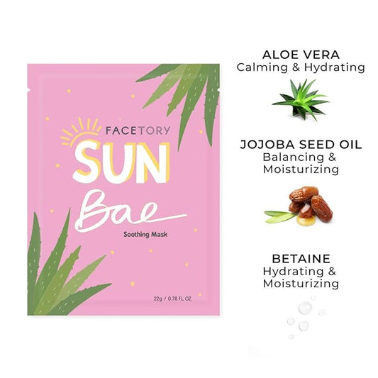 FACETORY K Beauty Face Mask Skin Care - SUN BAE SOOTHING Sheet Mask with Aloe & Shea Butter | After Sun Care, Soothe & Restore (10 Pack)