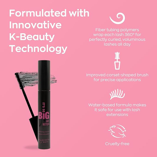 Elizabeth Mott Black Volumizing Mascara – Smudge-Proof, Lengthening Fiber Formula, Hourglass Wand – Clump-Free, Water-Resistant & Cruelty-Free – Safe for Lash Extensions, Long-Lasting, Full-Size 8ml