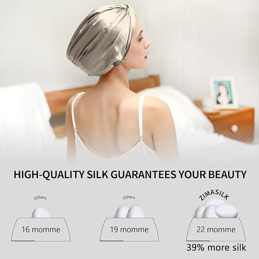 ZIMASILK 22 Momme 100% Mulberry Silk Bonnet for Sleeping & Women Hair Care, Highest Grade 6A Silk Hair wrap for Sleeping with Premium Elastic Stay On Head (1Pc, Taupe)