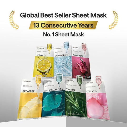 Mediheal Rose PDRN Essential Sheet Mask 4 pcs. 99% Pure White Rose PDRN & Hyaluronic Acid for hydrating, firming, and enhancing moisture barrier, skin firmness, and glow. Vegan formula