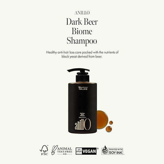 ANILLO Dark Beer Biome Shampoo - Vegan Thicker Hair & Sclap Care with Caffeine & Green Mint Complex for Volumizing Hair- Deep Cleansing, Oil Control & Cooling Effect, Sulfate-Free 500 ml / 16.9 fl oz