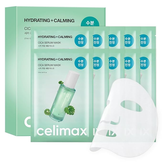 celimax The Real Cica Calming Serum Mask 10ea | with Centella Asiatica & Madecassoside, Korean Face Sheet Mask for Skincare, Hydrating, Wrinkle & Fine Lines, 27ml
