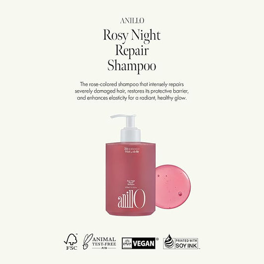 ANILLO Rosy Night Repair Shampoo – Anti-Dandruff & Damage Repair with Damask Rose Water & Ceramide – Color Safe, Silicone & Sulfate Free (15.22 fl. Oz)