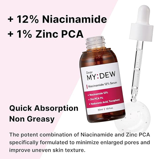 12% Niacinamide Serum with 1% Zinc PCA, Pore Minimizer for Face, Control Excess Oil and Sebum, Improve Uneven Skin Tone, Discoloration Correcting, Fast Absorbing, Korean Skincare, 1Fl Oz