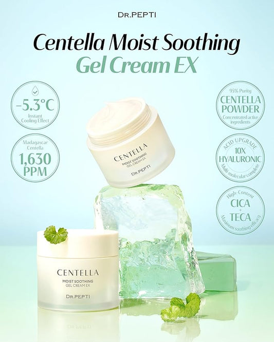 dr.pepti Centella Moist Soothing Gel Cream EX - Korean Face Moisturizer Cooling Hydrating for Sensitive Irritated Skin - Hyaluronic Acid Peptides Ceramide Makeup Booster Cream, 2.37 fl.oz