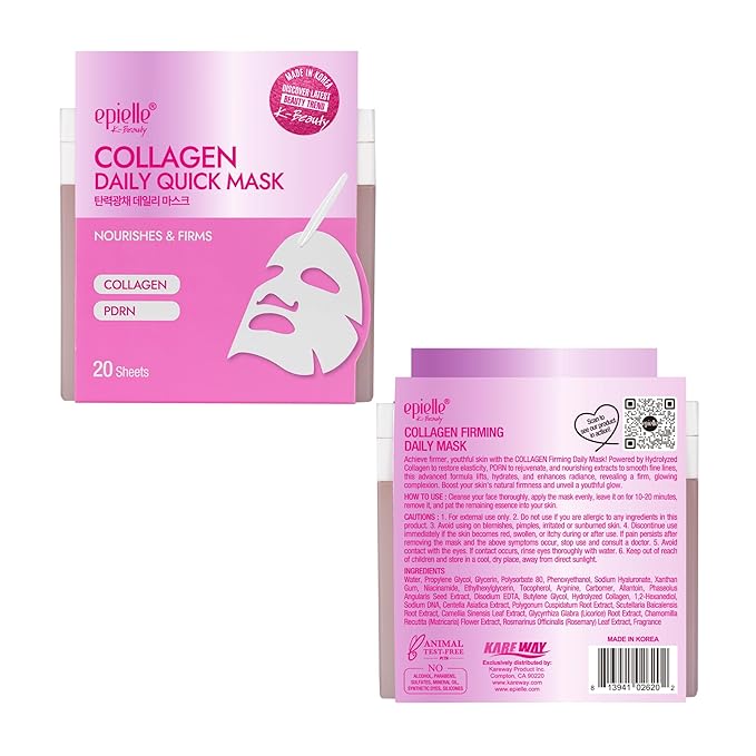 Epielle Collagen Face Mask Korean Sheet Masks for Face - Anti Aging Facial Mask Hyaluronic Acid, Korean Skincare Face Masks Skin Care Women Hydrating Plumping 20 Pack
