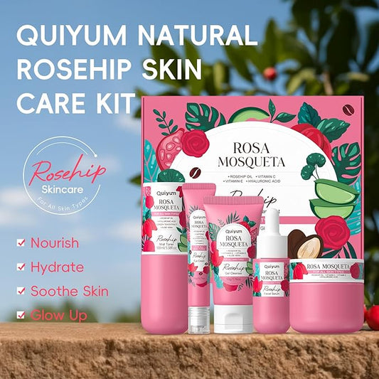 Skin Care Set, Rosehip Vitamin E Skincare Kits 5PCS- Beauty Skin Care for Women, Facial Skin Care Routine Set Kit, Restore Skin Elasticity, Refine Skin Texture, Even Skin Tone, for All Skin Types