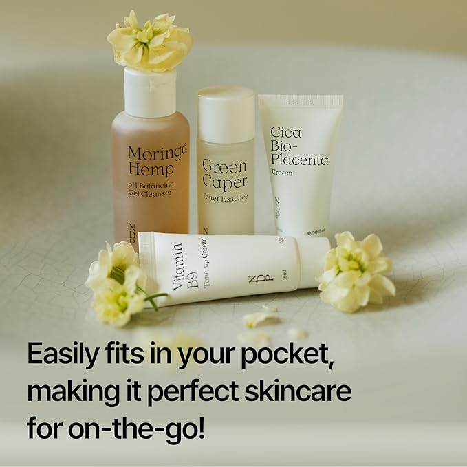 Travel Kit - Mini Travel Size Skincare Essentials - Moringa Hemp Gel Cleanser, Green Caper Toner Essence, Cica Bio-Placenta Cream, B9 Tone-Up Cream (4 items)