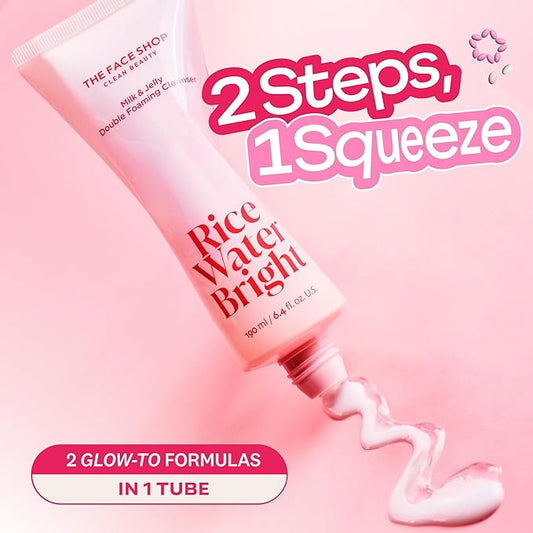 The Face Shop Rice Water Bright Double Foaming Cleanser, 2-in-1 Milky and Jelly Texture, Gentle Face Wash for Hydrating & Moisturizing, Makeup Remover, Korean Skin Care, Vegan, 6.4 fl. oz.