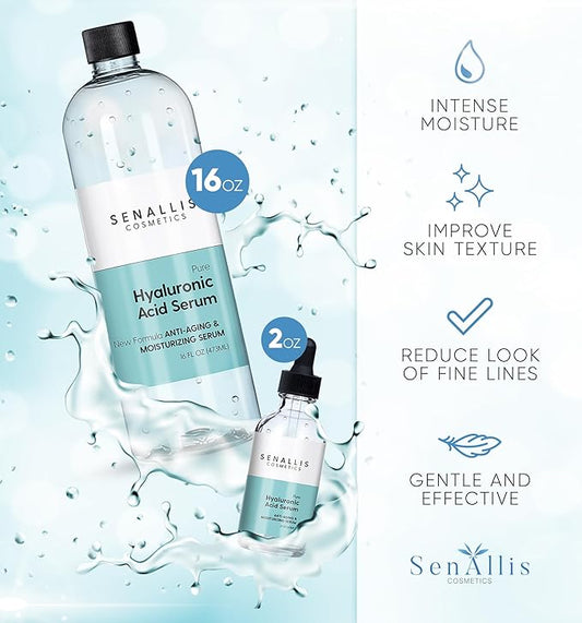 Hyaluronic Acid Serum 16 fl oz And 2 fl oz, Made From Pure Anti Aging/Wrinkle, Ultra Hydrating Moisturizer That Reduces Dry Skin Manufactured In USA