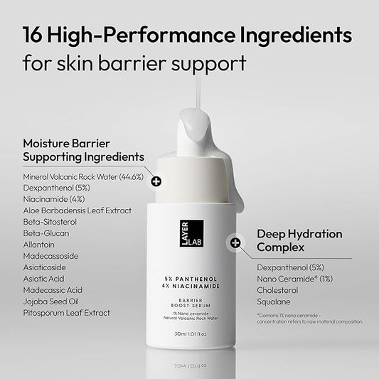 LAYERLAB Barrier Boost Serum with 5% Panthenol 4% Niacinamide, Soothing Korean Skincare for Sensitive Skin with Nano Ceramide Volcanic Water to Support Moisture Barrier Deep Hydration 30ml 1.01 fl.oz.