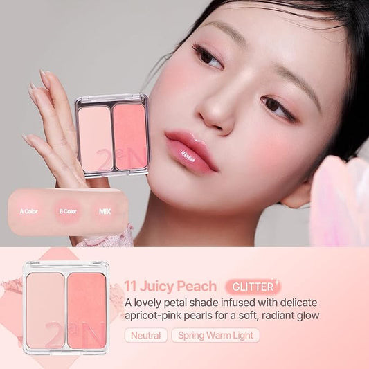 2aN Dual Color Face Blusher, Buildable & Blendable Cheek Color, Natural & Vibrant Finish, Long-Lasting Powder Blush, Blends Easily with Natural Skin Tones, Korean Beauty (11 Juicy Peach)