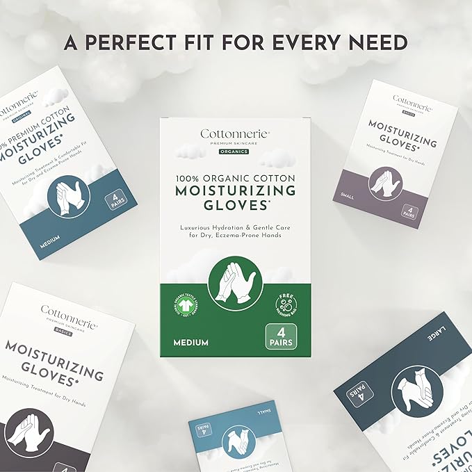 4 Pairs Cottonnerie Basics Cotton Gloves for Dry Hands Sleeping, Moisturizing Gloves Overnight, Hand Moisturizer Gloves, Moisture Gloves for Dry Hands Overnight, Sleeping Gloves, Medium