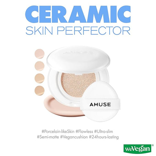 Amuse SEOUL Ceramic Skin Perfector Cushion Foundation (1.5 NATURAL) | Long-lasting, Lightweight, Semi-matte, Flawless Coverage, Hypoallergenic, Vegan, Korean Beauty (15g / 0.52oz.)