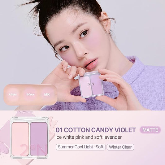 2aN Dual Color Face Blusher, Buildable & Blendable Cheek Color, Powder Blush, Korean Beauty (01 Cotton Candy Violet, 1.5 oz)