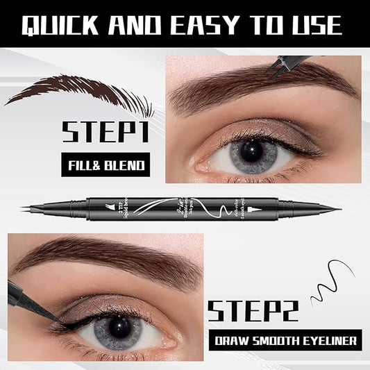 Curved 2 Tip Eyebrow Pen-Brown Eyebrow Pencil With Black Eyeliner 2-in-1 Dual-Ended Create Natural Hair-Like Brows,Waterproof,Smudge Proof,Long Lasting All-Day