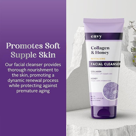 Envy Facial Cleanser with Collagen & Honey - Reduces Fine Lines, Wrinkles & Hydrates Skin - Clean, Cruelty-Free Korean Skin Care for All Skin Types - Dermatologist Tested - 6.76 oz