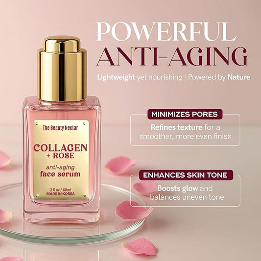 Collagen Face Serum with Rose – Firms Skin, Boosts Hydration, Soothes Dryness – Dermatologist Tested, Anti-Aging, Korean Skin Care – Clean Vegan Formula for Sensitive Skin – 2 Fl Oz