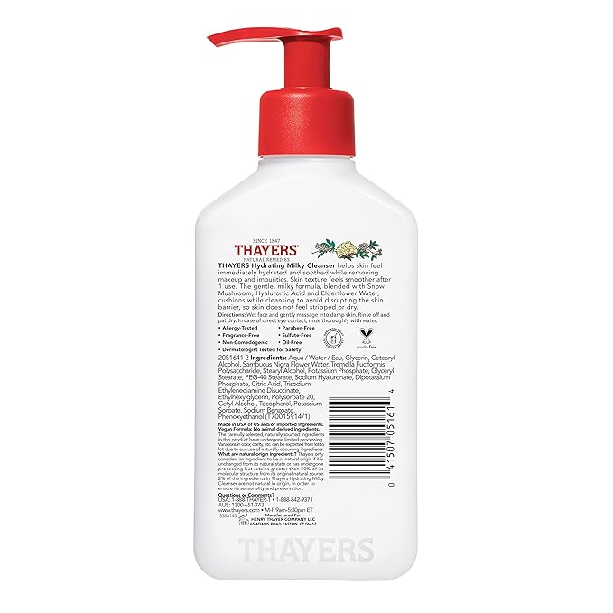THAYERS Milky Hydrating Face Cleanser with Snow Mushroom, Hyaluronic Acid, Dermatologist Recommended Gentle Facial Wash, Hydrating Skincare for Dry, Sensitive Skin, Paraben Free, 8 FL Oz, Clear
