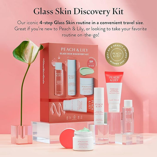 Peach & Lily - Glass Skin Discovery Kit (4 Products) - 1 Cleanser, 1 Essence, 1 Serum & 1 Cream - Skin Care Set - Acne Routine - Travel Essentials - Self Care - Vegan & Cruelty Free - Korean Beauty