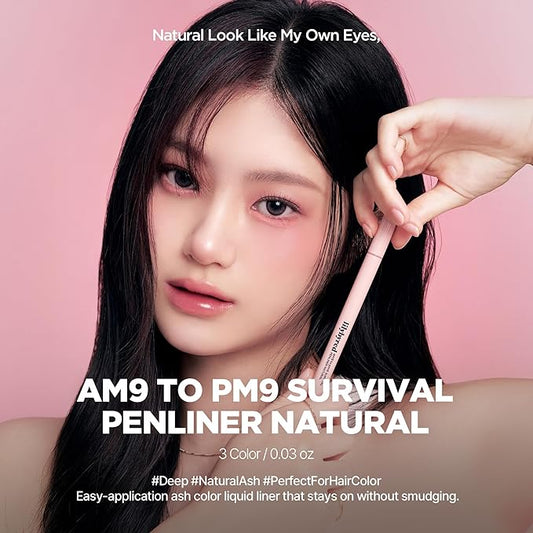 lilybyred AM9 to PM9 Survival Penliner Natural | Korean Soft Ash Tone Liquid Eyeliner, 0.1mm Ultra-Fine Brush, Quick-Dry, Smudge-Proof, Layerable Ash Pigment, Buildable Color, 0.035 oz. (02 Ash Brown)