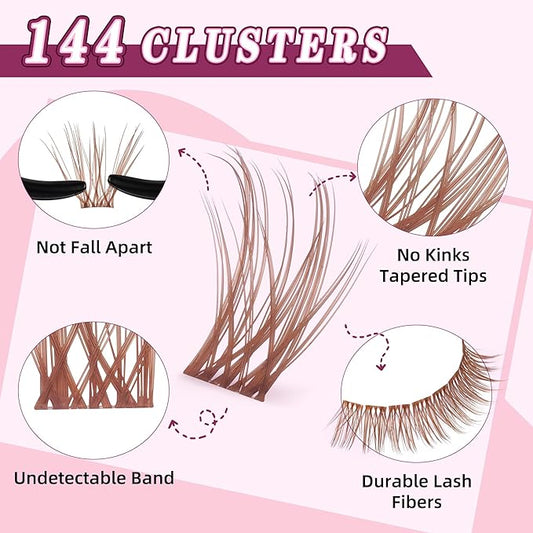 Brown Lash Clusters Kit 10-18mm Wispy Lash Clusters D Curl Eyelash Clusters, DIY Lash Extension Kit with Lash Bond & Seal, Lash Glue Remover, Lash Tweezers