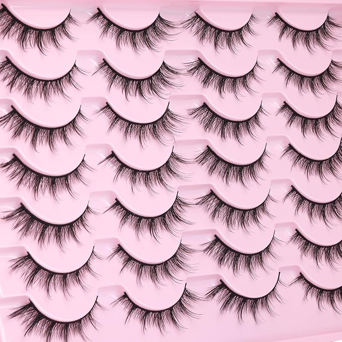 False Lashes Natural Look Wispy Eyelashes Manga Korean Spiky 16mm Short Faux Mink Eyelashes Cat Eye Natural Fake Eyelashes Strip Lashes Pack 14 Pairs
