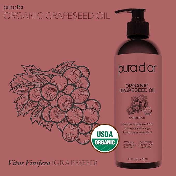 PURA D'OR 16 Oz Organic Grapeseed Oil - 100% Pure & Natural USDA Certified Cold Pressed Carrier Oil - Light & Silky, Unscented, Hexane Free Liquid Moisturizer - Face Skin & Hair - Men & Women