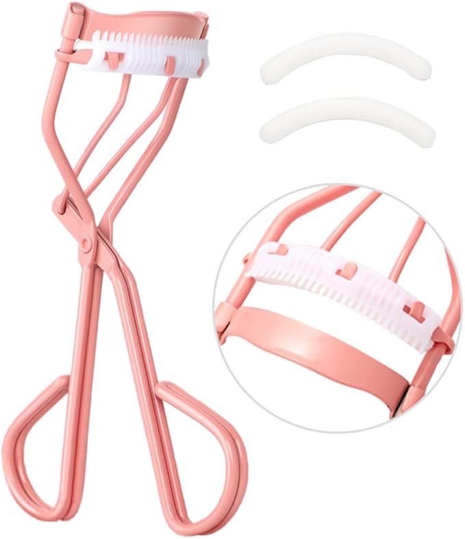 Uranian Eyelash Curlers with Built-in Comb Beauty Eyelashes Curlers Eyelash Cliper with 2 Replacement Silicone Refill Pads Premium Lash Curler Makeup Tool for Women and Girls (1 Pink-White Comb)