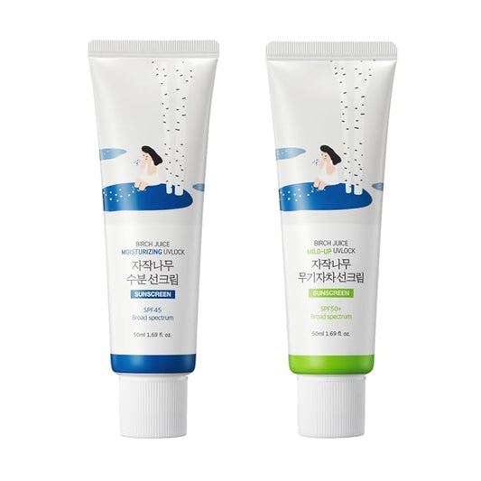 ROUND LAB Birch Juice Moisturizing & Mild-Up UVLock Sunscreen Duo | Korean sunscreen, hydration, sun protection, zincoxide sunscreen, for acne-prone skin