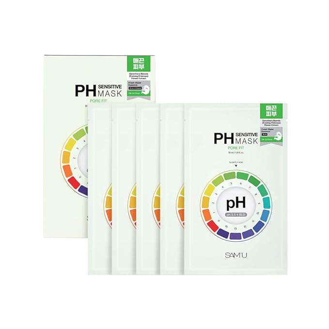 SAM’U PH Sensitive Pore Fit Face Mask – Pore Tightening & Exfoliating Vegan Sheet Mask with AHA, BHA, PHA, LHA, Texture Refining, Travel-Friendly Korean Skincare (5 Sheets)