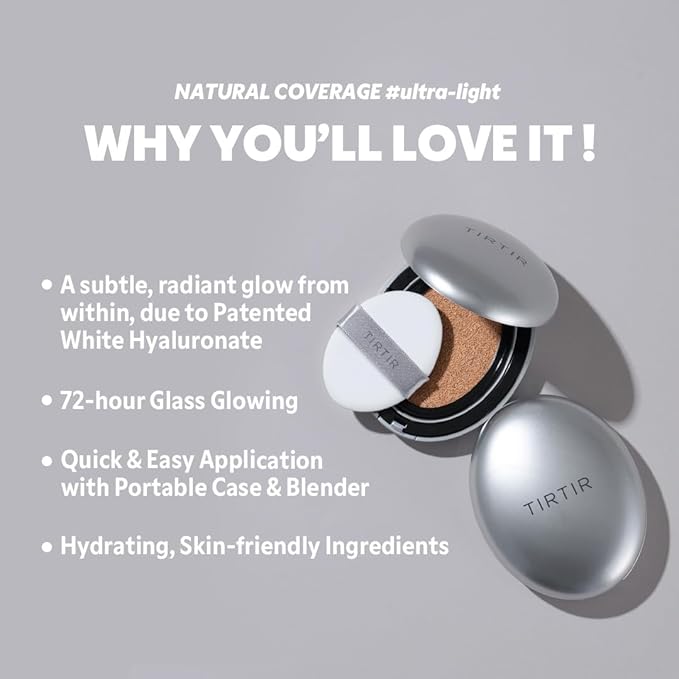 TIRTIR Mask Fit Aura Silver Cushion Foundation | Semi-glow Finish, Natural Coverage, Moisturizing, Lightweight, Korean cushion foundation (#13N Fair Ivory, Full Size, 0.63 Fl Oz)