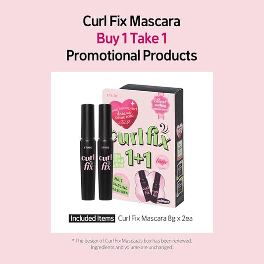 ETUDE Curl Fix Mascara Volume 1+1 Set, Lash Mascara, Strong Curl Up, Long-Lasting, Waterproof, Light-Weight, Korean Makeup, Beauty, Vegan Certified (0.54 Fl Oz)