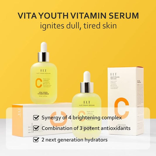ELT Vita Youth Vitamin C Face Serum 1.69fl.oz.(50ml) | Skin Brightening | Ferulic Acid | Beta-Glucan| Anti-Aging | Dark Spot Remover | Korean Skincare (Pack of 1)