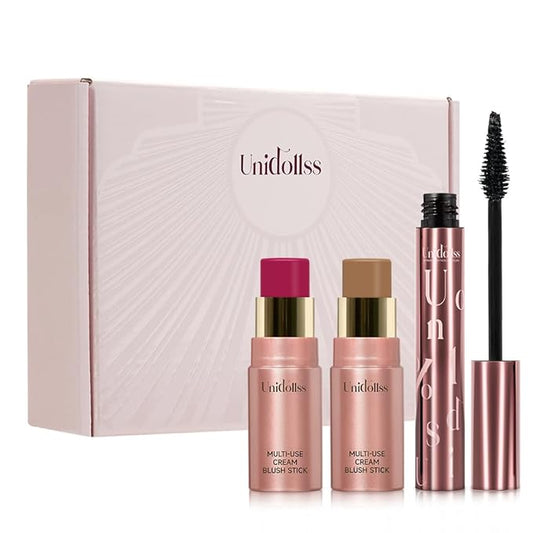 3 Pcs Unidollssbeauty Tubing Mascara and Blush Stick Set, Volume and Length Black Mascara Lengthening Long Lasting All Day, Washable Voluminous Tubing with a Random Accessory Included(04,05)