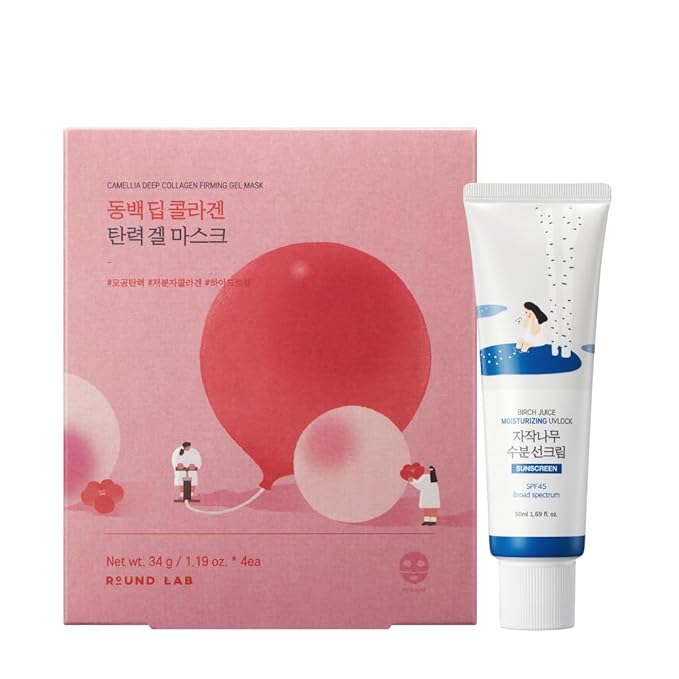 ROUND LAB Birch Juice Moisturizing UVLock Sunscreen+Camellia Deep Collagen Firming Mask 4ea Set | collagen mask, glass skin, SPF45 sunscreen, hydration, korean sunscreen