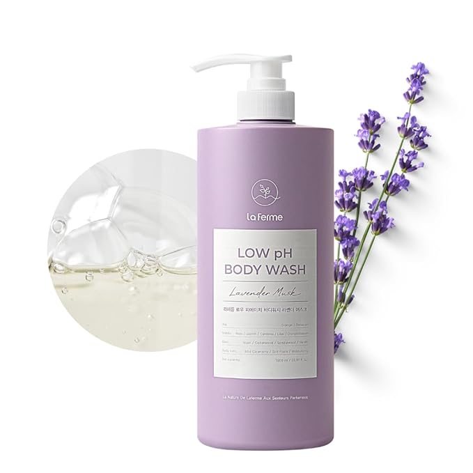 laferme Low pH balanced Gentle Korean Body Wash with Natural & Organic Ingredients, Hypoallergenic for Sensitive Skin, Moisturizing & Hydrating for Dry Skin, For Women & Men, 33 Fl Oz, Lavender Musk