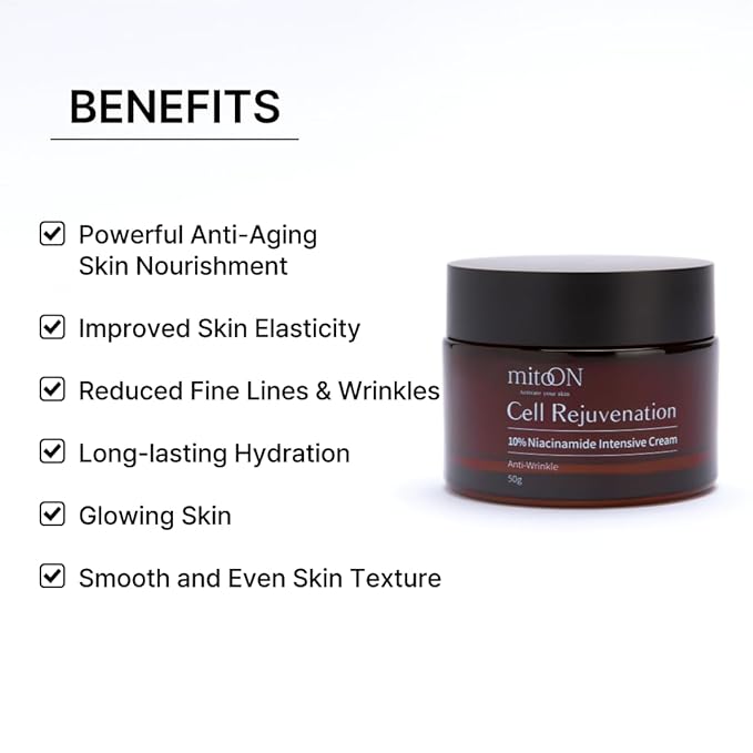 Mito-on Cell Rejuvenation Anti-Aging Cream, 50g / 1.76 oz - 10% Niacinamide, Vitamin B3 and Antioxidants, EGF + Volufiline for Wrinkle Reduction, Elasticity Improvement, Moisturizer, Korean Skin Care