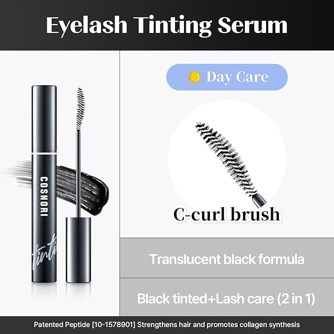 COSNORI Eyelash Tinting Serum 01 Deep Black - Korean Eyelash Boost Tinted Serum – Eyebrow Growth Enhancer for Longer and Thicker – Lash Perm Essential - Vegan, Irritation Free 0.3 fl.oz / 9g (Black)