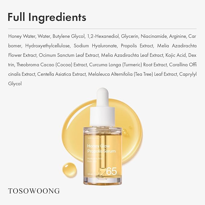 TOSOWOONG Honey Glow 65% Propolis Serum, Hyaluronic Acid, Kojic Acid, Niacinamide, Hydrating Facial Soothing Moisturizer for Irritated Uneven Skin Tone, Glass Skin, Korean Skin Care, 33ml, 1.11 fl.oz.