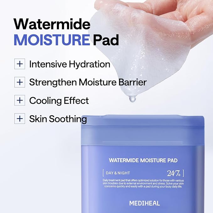 MEDIHEAL Watermide Moisture Pad - Square Cotton Facial Toner Pads with Icelandic Glacial Water - Improve Skin Temperature, Hydrating to Dry, Puffy, Coarse Skin -Vegan Eco Silk,100 Pads