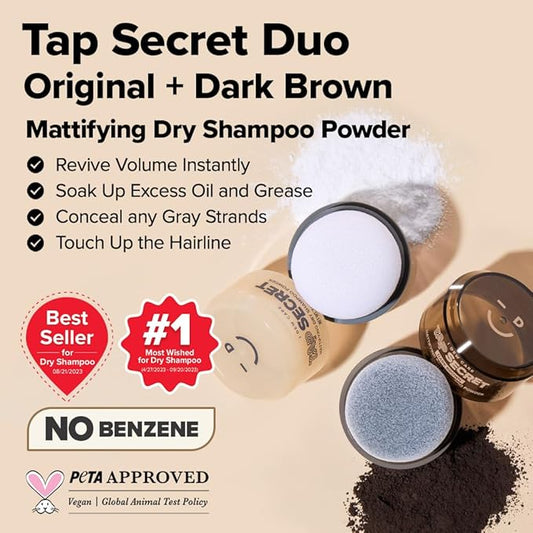 I DEW CARE Biotin Clarifying Dry Shampoo - Tap Secret Dark Original & Dark Brown Duo set | Strengthening & Volumizing, Powder Type, Refillable, Travel size, Non-aerosol, Brunette, 0.29 Oz * 2ea