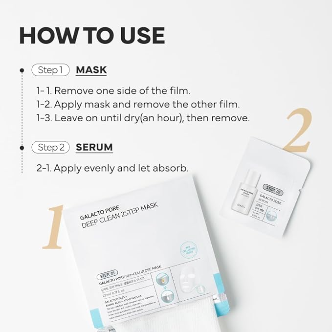 SAM'U Galacto Pore Two Step Mask Pore Cleansing Korean Face Mask, Gentle Pore Care Mask, AHA/BHA/PHA + LHA Exfoliating Formula with Amino Acids & Centella Asiatica for Korean Glass Skin (4 Sheets)